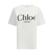 Chloé Monogram Bomull T-shirt med Ribbad Crew Neck White, Dam