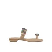 Alma EN Pena Rhinestone Toe Flat Sandal Beige, Dam