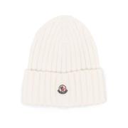 Moncler Ivory Vit Ribbstickad Beanie Mössa White, Unisex