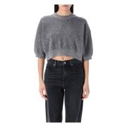 T by Alexander Wang Grå Logo-Präglad Cropped Sweater Stickat Gray, Dam