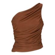 PINKO Brun One Shoulder Topp med Veckat Mönster Brown, Dam