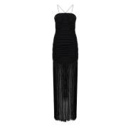 ROTATE Birger Christensen Spaghetti Strap Fringe Maxi Dress Black, Dam