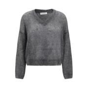 Brunello Cucinelli Mohair V-Neck Sweater med Ribbed Hem Gray, Dam