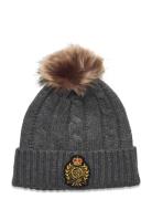Crest-Patch Pom-Pom Cable-Knit Beanie Accessories Headwear Beanies Gre...