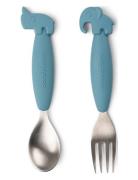 D By Deer Easy-Grip Spoon And Fork Set Deer Friends Blue Blå