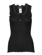 Silk Top W/ Button & Lace Tops T-shirts & Tops Sleeveless Black Rosemu...