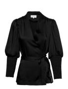 Hope Satin Wrap Blouse Tops Blouses Long-sleeved Black Malina