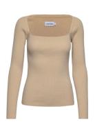 Rib Square-Neck Sweater Ls Tops T-shirts & Tops Long-sleeved Beige Cal...