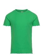Pkdora Ss O-Neck Solid Rib Top Tops T-shirts Short-sleeved Green Littl...