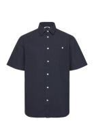 Regular Linen Look Short Sleeve Shi Tops Shirts Short-sleeved Navy Kno...