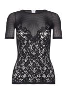 Flower Lace Top Short Sleeves Tops Blouses Short-sleeved Black Wolford