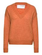 Selected Femme Slfmaline Ls Knit V-Neck Noos Orange