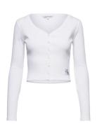 Woven Label Rib Ls Cardigan Tops T-shirts & Tops Long-sleeved White Ca...