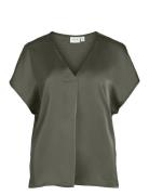 Vila Viellette V-Neck S/S Satin Top - Noos Khaki Green