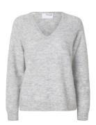 Selected Femme Slflulu New Ls Knit V-Neck B Noos Grå