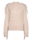 Davida Cashmere Boxy O-Neck Sweater Fringes Beige