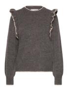 Selected Femme Slfalva Frills Ls Knit O-Neck Grå