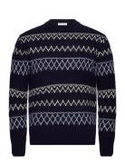 Knowledge Cotton Apparel Knitted Pattern Crew Neck - Rws Marinblå