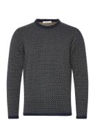 Knowledge Cotton Apparel Jacquard Crew Neck Knit - Regenerat Marinblå