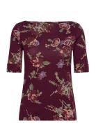 Lauren Ralph Lauren Floral Stretch Cotton Boatneck Tee Burgundy