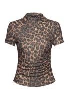 Mango Leopard-Print T-Shirt With Ruffled Detail Brun