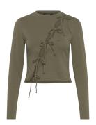 Monki Long Sleeve Tie Top Khaki Green