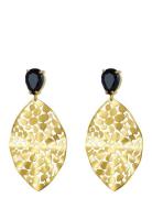 Bud To Rose Leaf Crystal Earring Black/Gold Guld