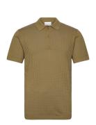 Lindbergh Crochet Knitted S/S V-Neck Polo Khaki Green